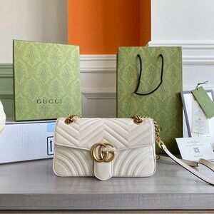 Gucci GG Marmont Shoulder Bag Gold Hardware White Matelassé Leather